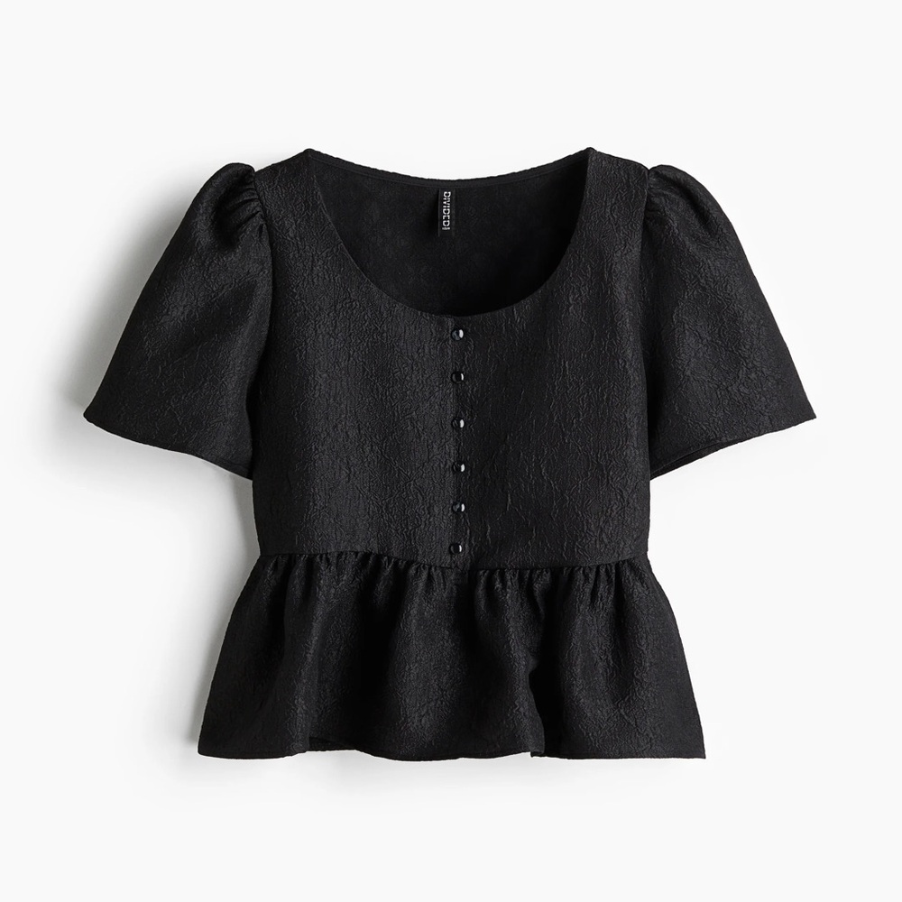H&M Divided Black Textured Peplum Blouse with Puff Sleeves